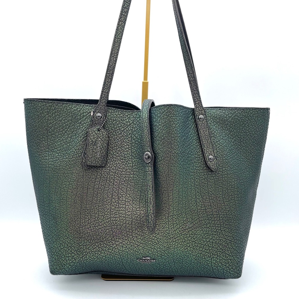 Coach Tote Bag Women Large Iridescent Oil Slick Green Black Pebbled Leather Good